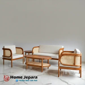 Kursi Tamu Kayu Modern dengan Sandaran Rotan Breathable