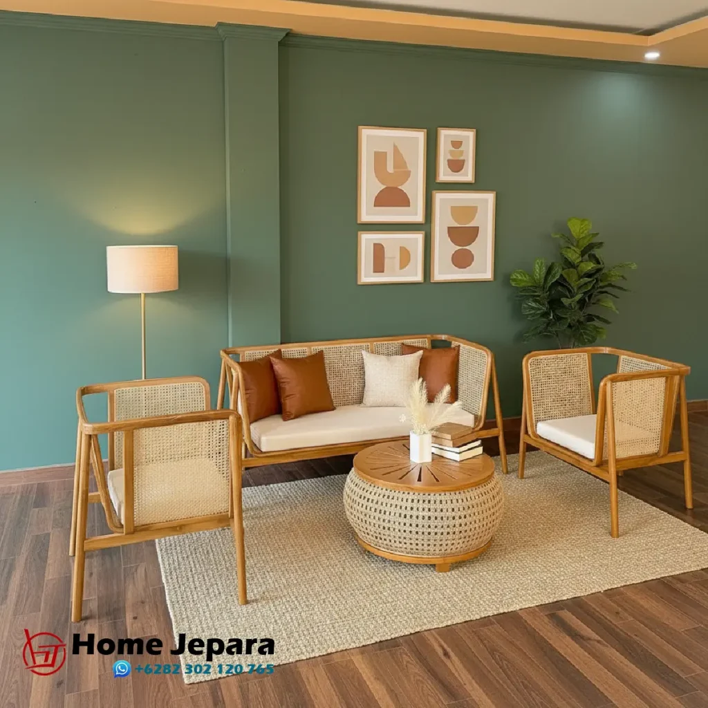 Jual Kursi Tamu Japandi Kayu Jati Kombinasi Rotan Aesthetic