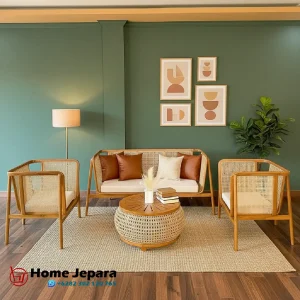 Kursi Tamu Japandi Kayu Jati Kombinasi Rotan Aesthetic